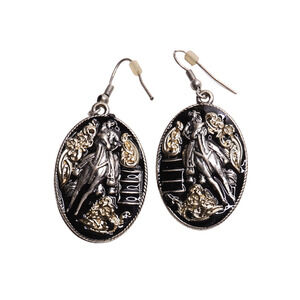 Black Enamel Cowboy On Horse Dangle French Wire Earrings - 1.25" Long